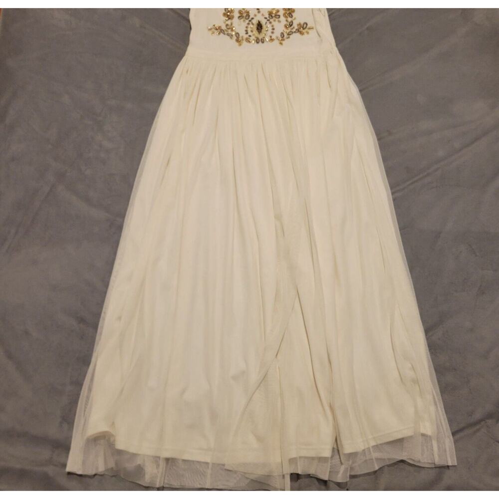 Mia Joy Girls Ivory Maxi Dress With Gold Embellished Bodice Flutter Sleeves & Fl - Picture 8 of 16